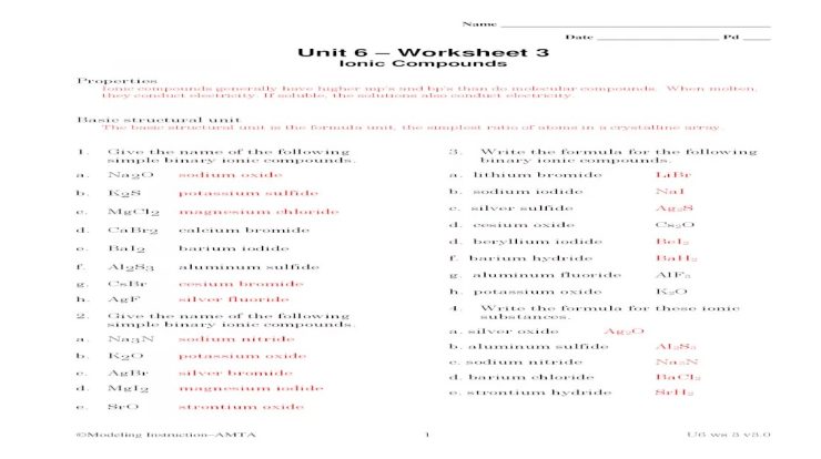 Unit 6 worksheet 3 ionic compounds