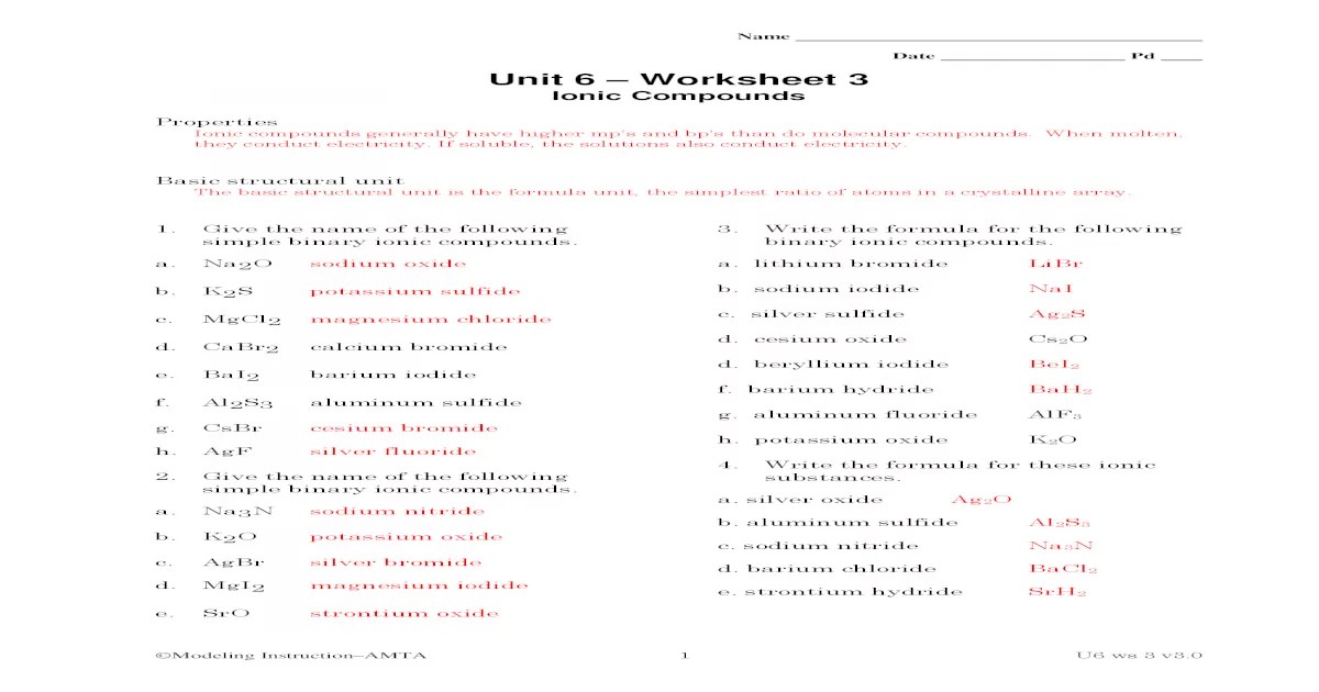 Unit 6 worksheet 3 ionic compounds